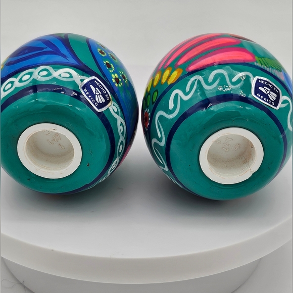 Talavera Salt And Pepper Shakers Hand Made In Mexico Peacock Colorful Blue Green - Picture 4 of 7